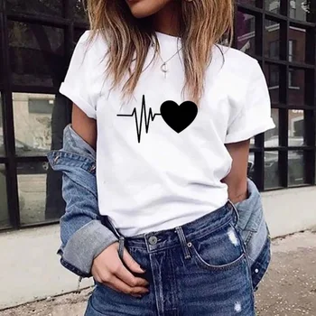 2019 Moda za Ženske Svoboden Kratka Sleeved Srce Natisniti T-Shirt Priložnostne O-Neck Zgornji del Postavka posebnosti Spol:Ženske 3.5 123749
