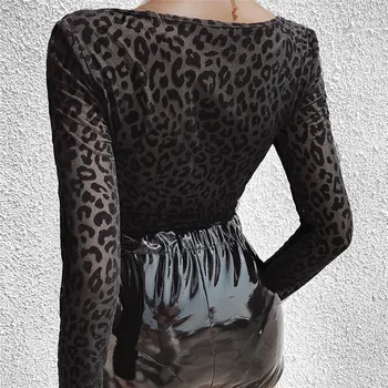 Moda Za Ženske Seksi Leopard Povoj Obleka, Eleganten Dolg Rokav Telo Zgornji Del Ženske Slim Fit Leotard Stretch Stranka Klub Romper 153440