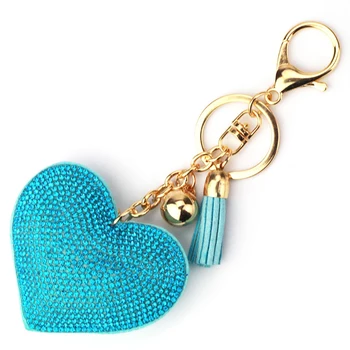 V obliki srca Keychain Usnje Tassel Keychain Kovinskih Kristalov Keychain Key Ring Dekle Nosorogovo Čar Vrečko Avto Obesek Nakit Darilo 1552