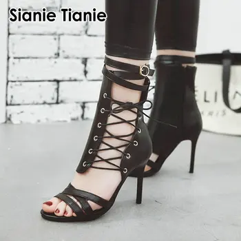 Sianie Tianie plus velikost 33-46 luksuzni peep toe seksi punk visoko peto čevlje, ženska črpalke čipke zadrgo bela gladiator ženske sandali 1971