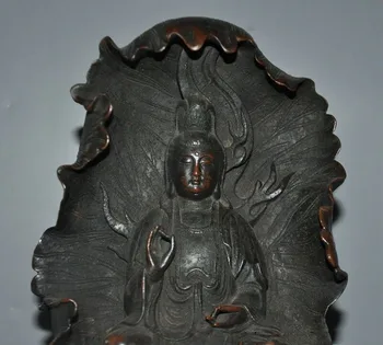 Poroka dekoracija Stari Kitajski bronasto Lotus listov Kwan-yin boginja Bodhisattva Guanyin kip Bude 304