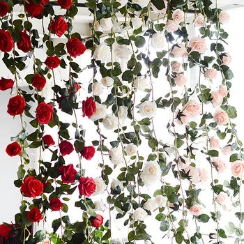 180 cm Umetno Rose Cvet Ivy Trte Poroko Dekor Pravi Dotik Svile Cvetja Niz Z Listi za Dom Visi Garland Dekor 378