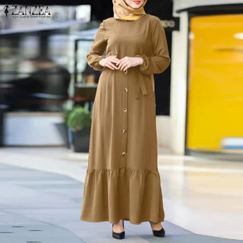 ZANZEA 2021 Retro Muslimansko Obleko Žensk Trdna Sundress Priložnostne Puff Rokav Maxi Vestidos Obavijen Ženski Gumb Haljo Prevelik 5XL 509