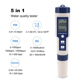 5 v 1 TDS/ES/PH/Slanosti in Temperature Merilnik Digitalni Kakovosti Vode Monitor Tester za Bazeni, Pitne Vode, Akvariji 7473