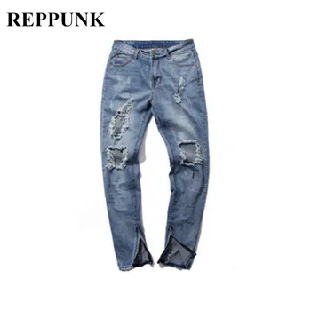 REPPUNK 2019 nove ulične hiphop moške jeans raztrgala zadrgo, preprosto elastična suh raztrgala moški uničeno bombaža, jeansa hlače