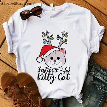 Lepe praznične Božične Kitty Cat Majica T-Shirt tiskanje 2019 mačka tshirt Ženske priložnostne kratek rokav Božič Mačka Vrhovi bela oblačila