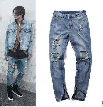 REPPUNK 2019 nove ulične hiphop moške jeans raztrgala zadrgo, preprosto elastična suh raztrgala moški uničeno bombaža, jeansa hlače